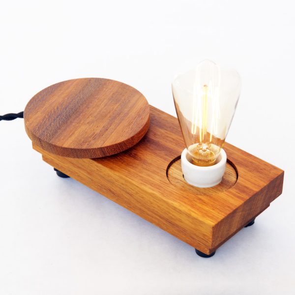Lamp ‘Disc small’ | Iroko wood | Edison bulb | brass | fabric wrapped cord